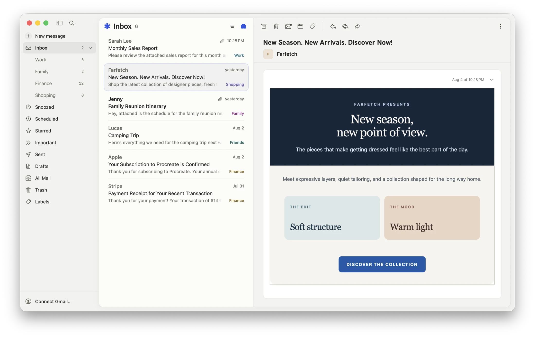 Postel Mail on macOS with an Inbox conversation selected, sidebar mailboxes, and Ghost Mode controls